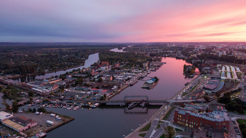 High angle view of townscape against sky during sunset