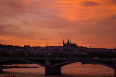 Bridge over river in city against orange sky