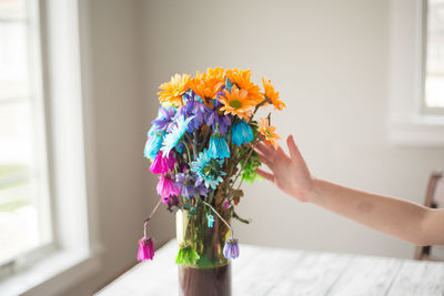 Cropped hand of child touching colorful flowers in vase