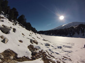 Snow covered landscape against sky