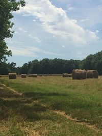 Hay bales on field against sky