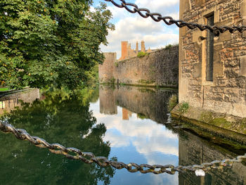 Reflection of trees and buildings on water against sky