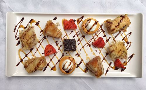 Directly above shot of dessert in plate on table