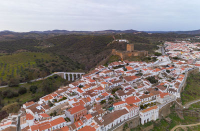 Mertola drone aerial view of the city and landscape with guadiana river and castle, in portugal