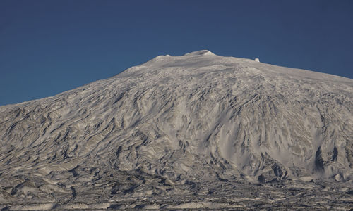 Scenic view of snowcapped mountains against clear blue sky