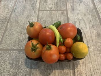 High angle view of tomatoes on table