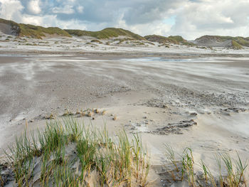 Scenic view of beach with dunes against sky