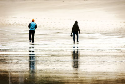 Rear view of people walking on beach