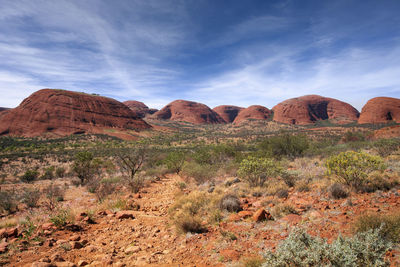 Rock formations on landscape against cloudy sky