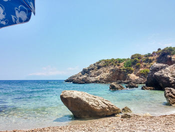 Scenic view of sea against clear blue sky