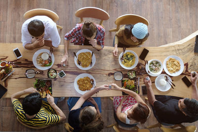 High angle view of people eating food