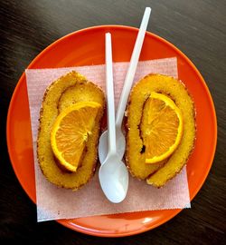 High angle view of orange fruit on table