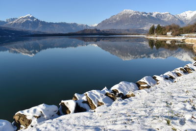 Scenic view of lake by snowcapped mountains against sky