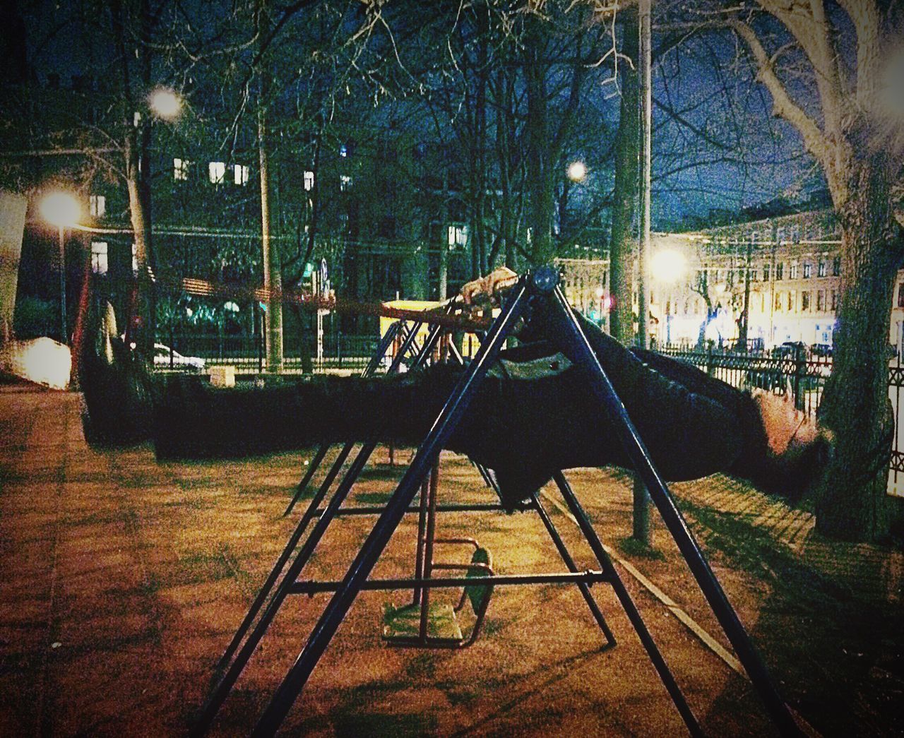 illuminated, night, playground, street light, umbrella, building exterior, outdoors, city life