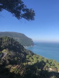 Scenic view of sea against clear blue sky