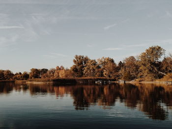 Reflection of trees in lake against sky