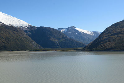 Scenic view of lake by mountains against clear sky