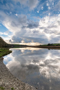 Scenic view of lake against cloudy sky