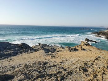 Scenic view of beach against clear sky