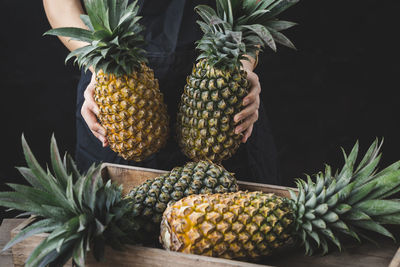 Close-up of person holding pineapples