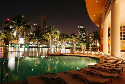 Reflection of city in water at night