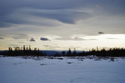 Scenic view of frozen landscape against sky during winter