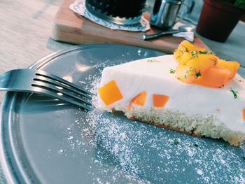 High angle view of fresh cake slice in plate