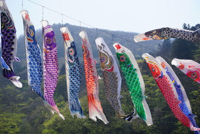 Multi colored fish hanging against sky