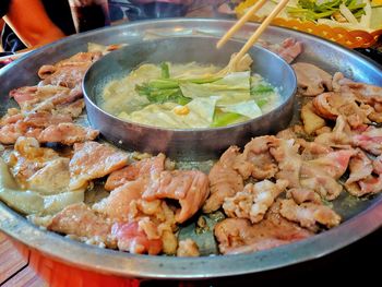 High angle view of soup in bowl on table