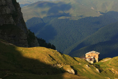 High angle view of chalets on mountain at bucegi natural park