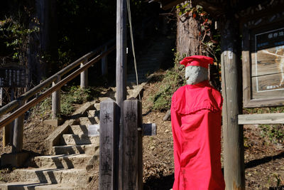 Rear view of woman standing by railing