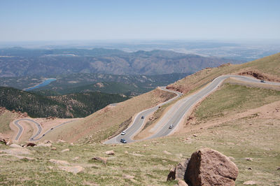 High angle view of mountain road against sky