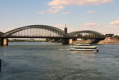 Hohenshollern bridge over river rhein against cloudy sky