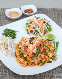 High angle view of meal served on table