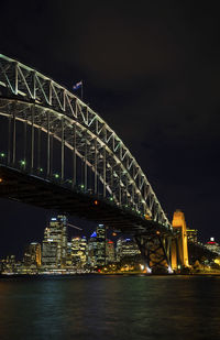 Low angle view of illuminated bridge over river by buildings against sky at night