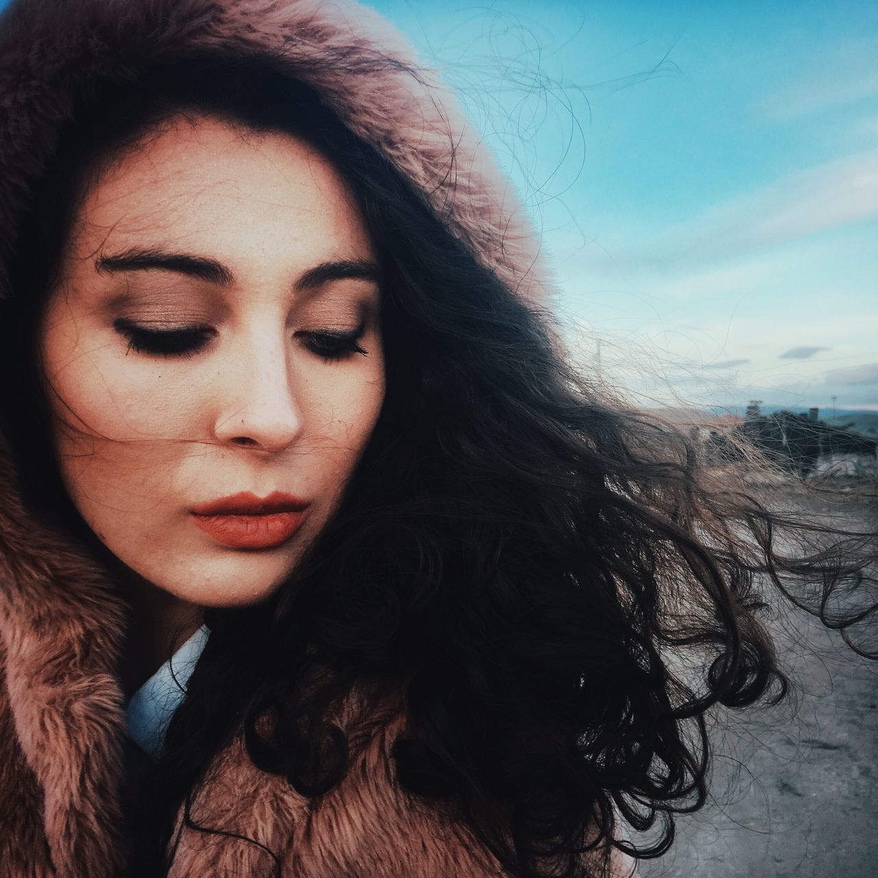one person, young women, young adult, hair, headshot, long hair, lifestyles, leisure activity, portrait, front view, real people, hairstyle, eyes closed, beautiful woman, beauty, close-up, women, adult, outdoors, human face, warm clothing, contemplation, human hair