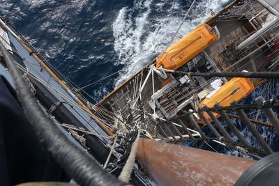 High angle view of ship sailing in sea