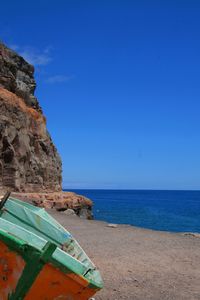 Scenic view of sea against clear blue sky