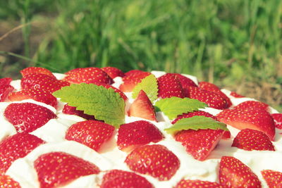 High angle close-up of strawberry cake