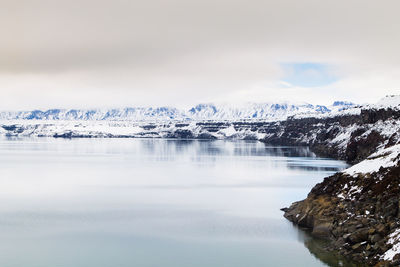 Scenic view of lake by snowcapped mountains against sky