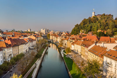 High angle view of canal amidst buildings in town