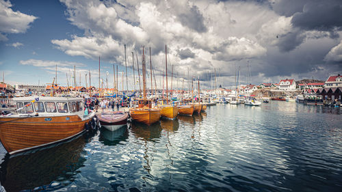 Sailboats moored in harbor