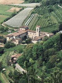 High angle view of trees and houses in farm
