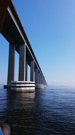 Bridge over sea against clear blue sky