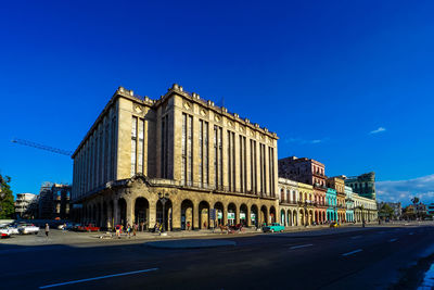 Road by buildings against blue sky