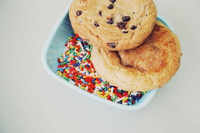 High angle view of cookies in plate