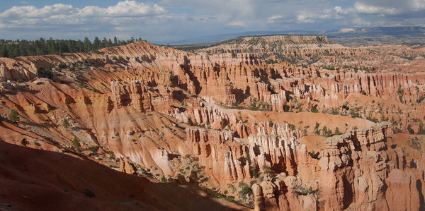 Panoramic view of rock formations against cloudy sky