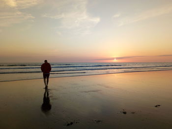 Rear view of man standing on beach during sunset