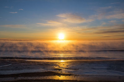 Scenic view of beach against sky during sunset