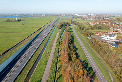 High angle view of light trails on road